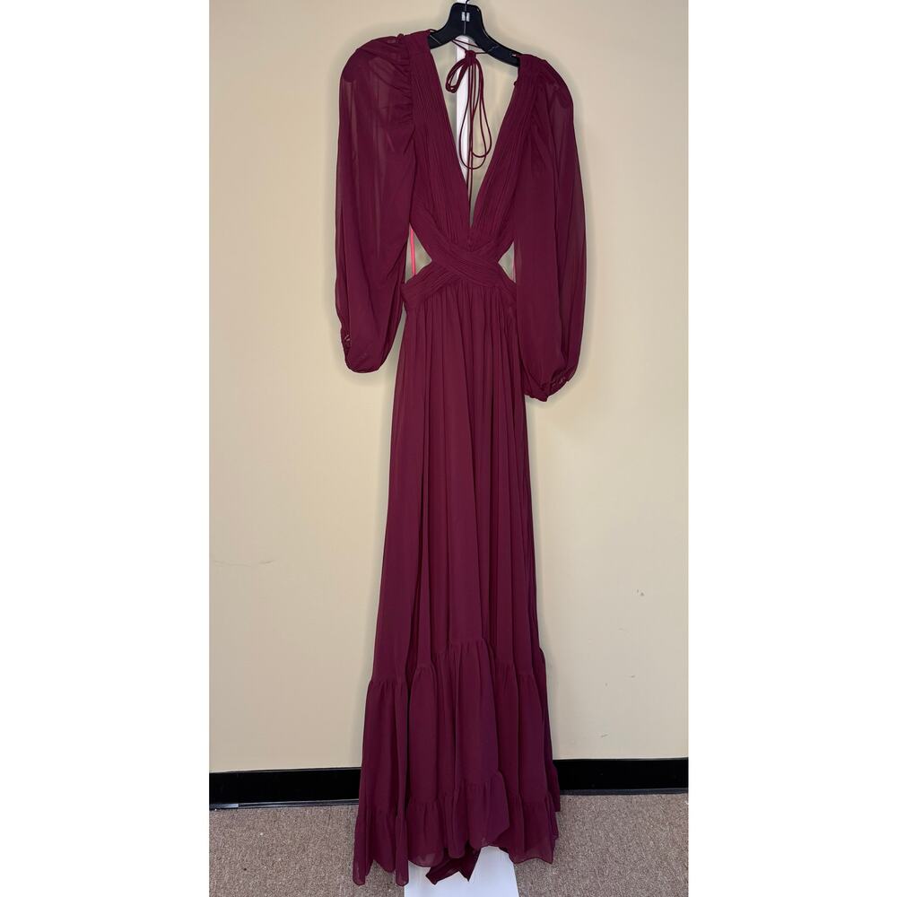 Mac Duggal NWT Pleated Cut Out Long Sleeve Lace Up Tiered Gown in Plum Size 4 - Picture 5 of 8